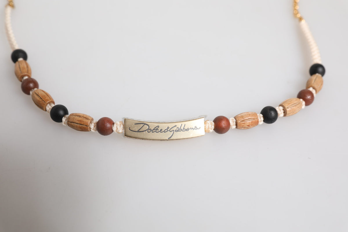 Collier pendentif logo en perles de bois et or noir Dolce & Gabbana