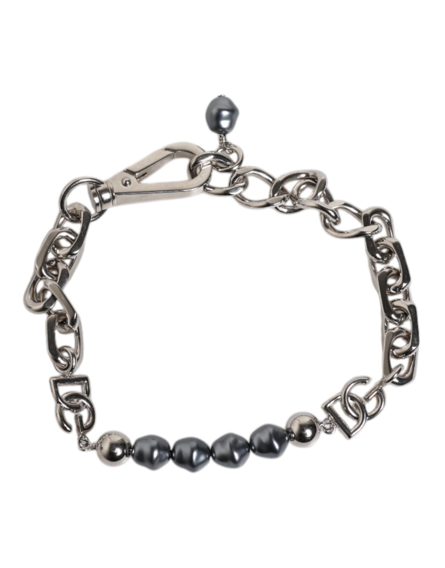 Dolce &amp; Gabbana Zilveren Ketting Karabijnsluiting Logo Grijze Parels Armband