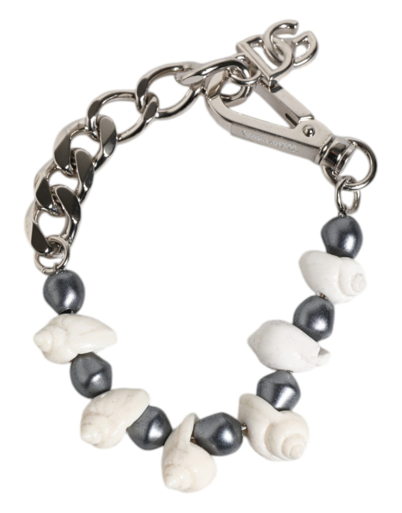 Bracelet Dolce & Gabbana avec pendentif en laiton argenté et perles coquillage et logo DG