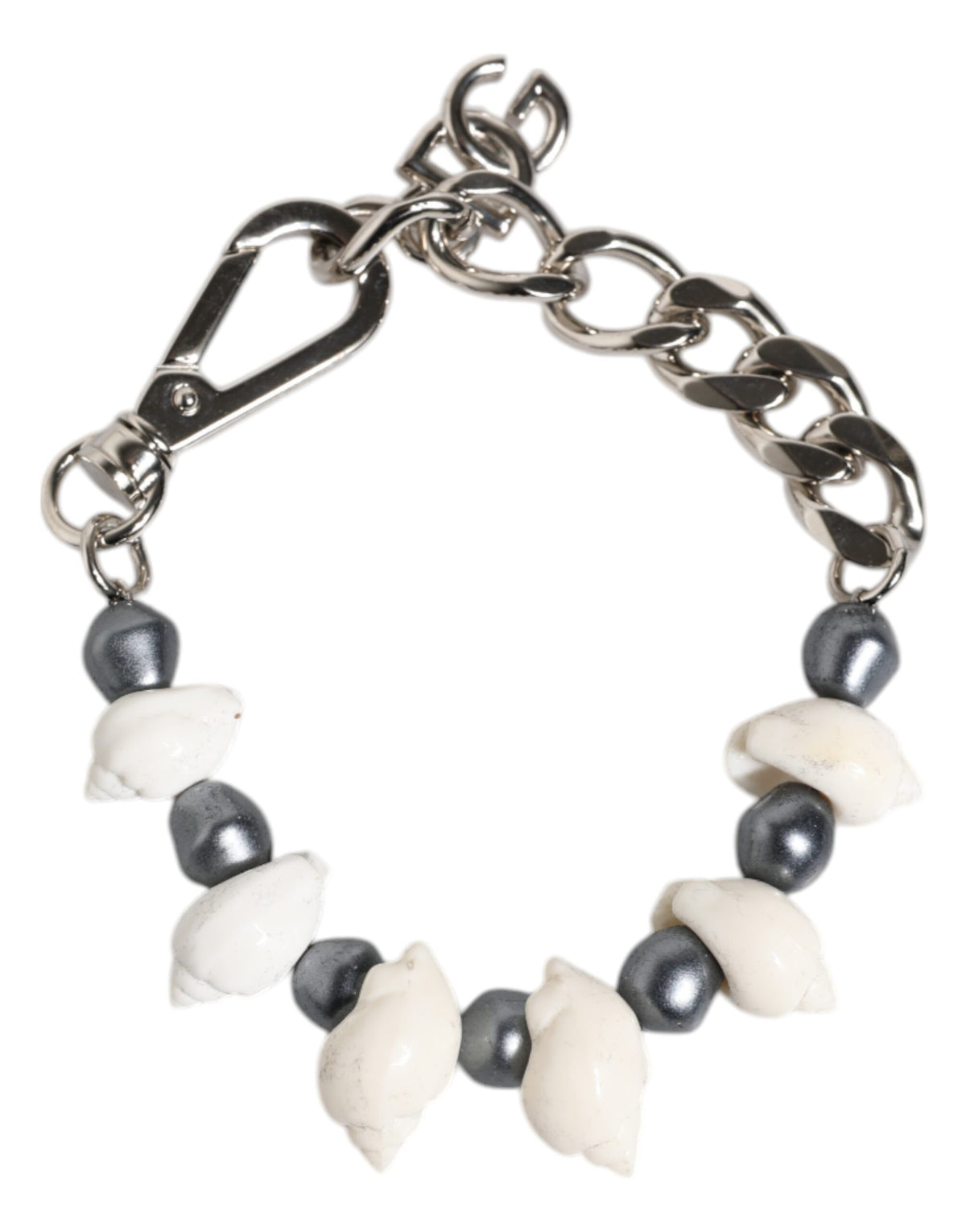 Bracelet Dolce & Gabbana avec pendentif en laiton argenté et perles coquillage et logo DG