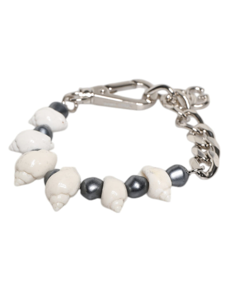 Bracelet Dolce & Gabbana avec pendentif en laiton argenté et perles coquillage et logo DG