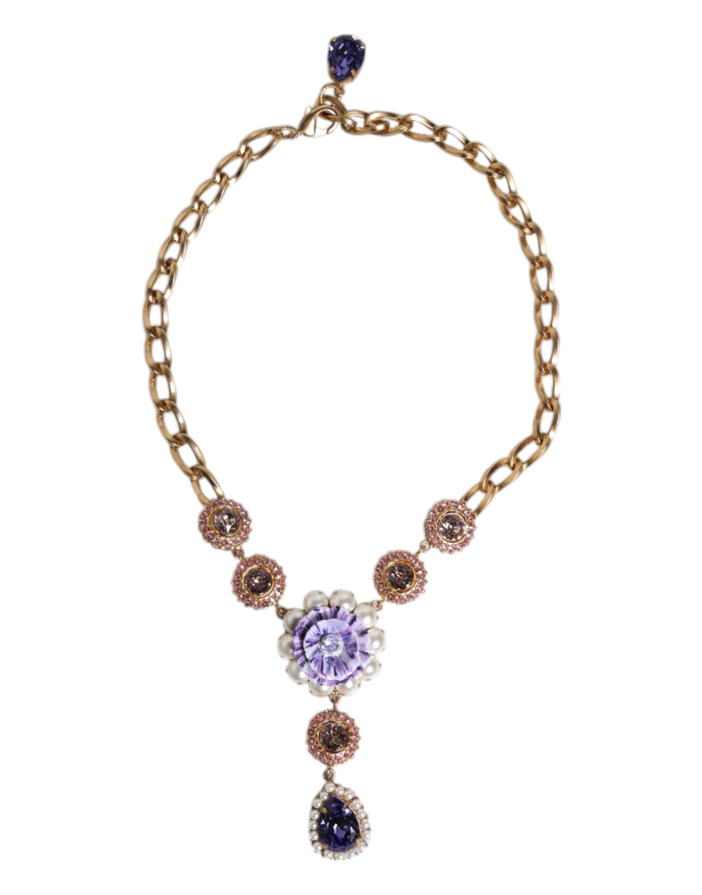 Dolce &amp; Gabbana gouden messing bloemenkristallen parel versierde ketting