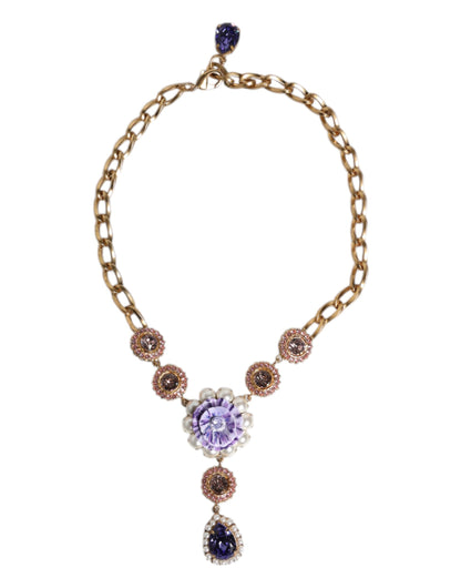 Dolce &amp; Gabbana gouden messing bloemenkristallen parel versierde ketting