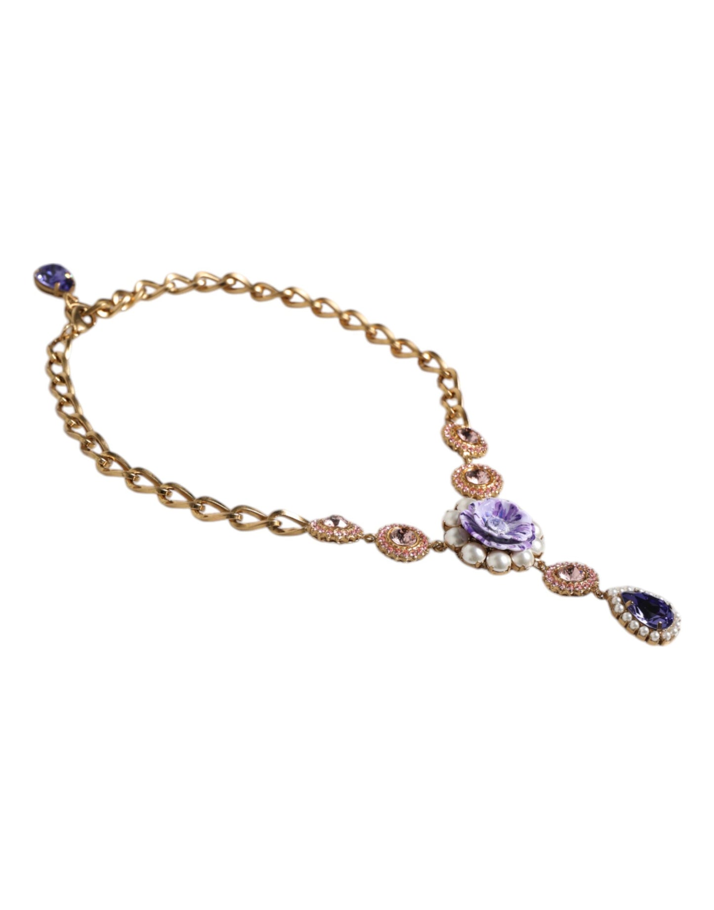 Dolce &amp; Gabbana gouden messing bloemenkristallen parel versierde ketting