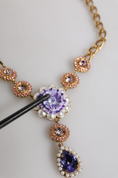 Dolce &amp; Gabbana gouden messing bloemenkristallen parel versierde ketting