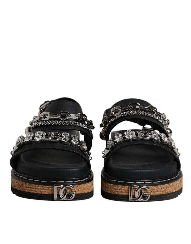 Dolce & Gabbana Sandales Noires à Straps Embellies de Cristaux
