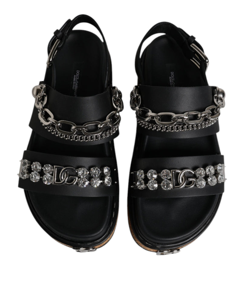 Dolce & Gabbana Sandales Noires à Straps Embellies de Cristaux