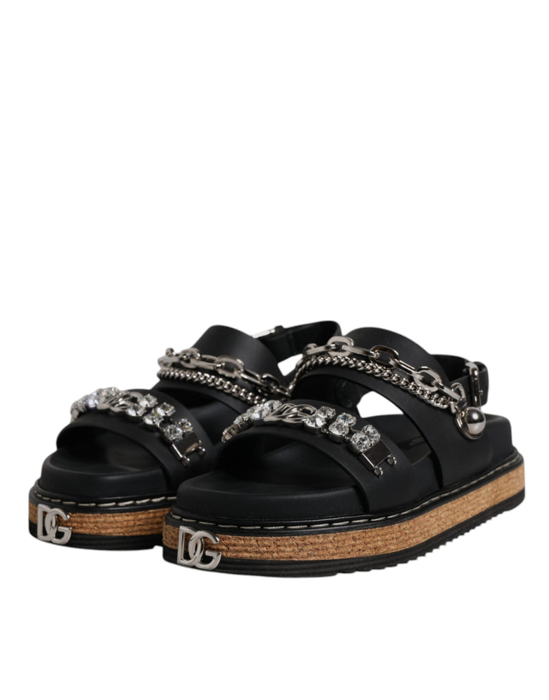 Dolce & Gabbana Sandales Noires à Straps Embellies de Cristaux