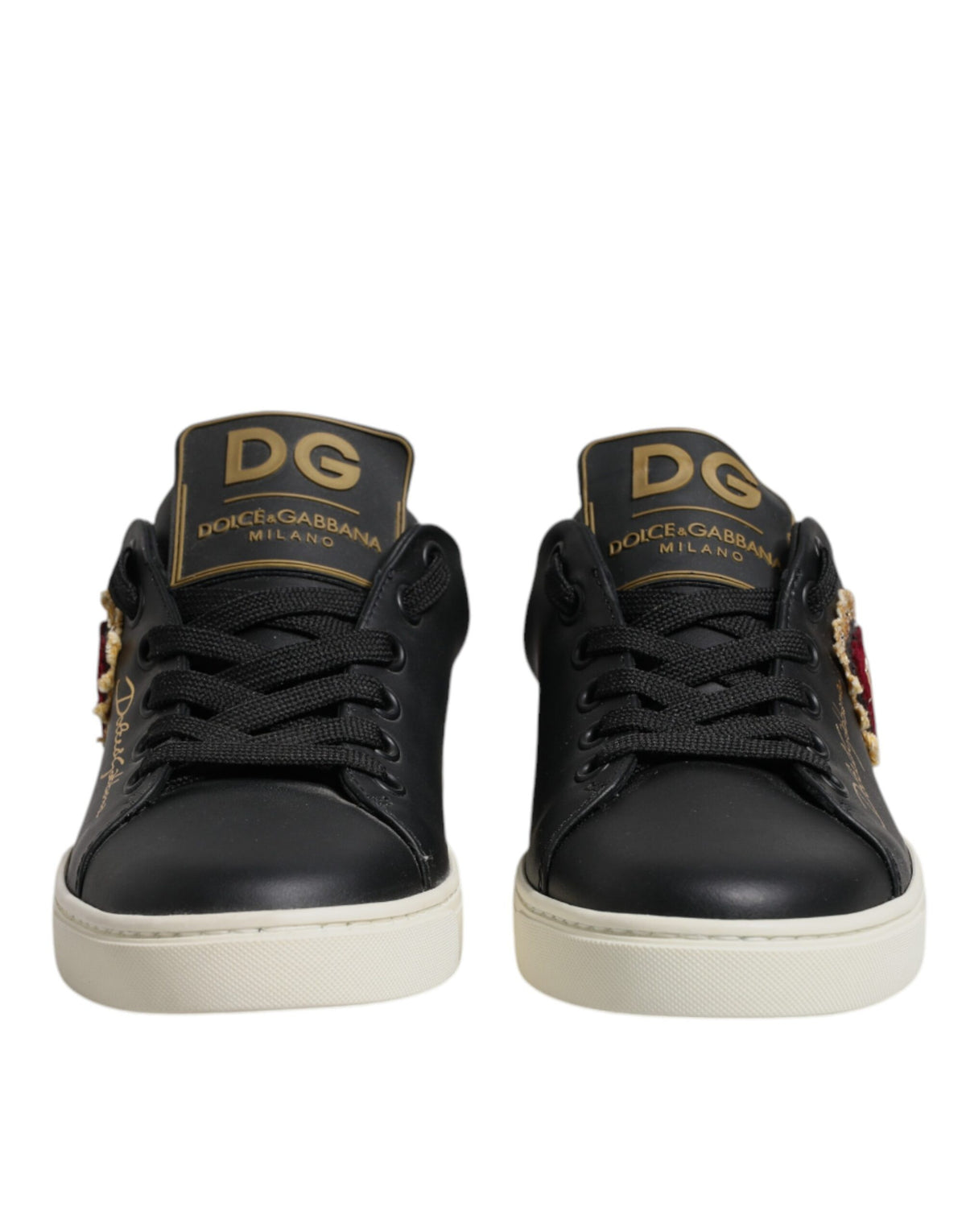 Dolce & Gabbana Sneakers en Cuir Noir avec Cœur Rouge et Or