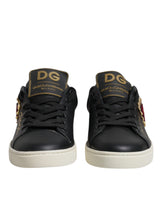 Dolce & Gabbana Sneakers en Cuir Noir avec Cœur Rouge et Or