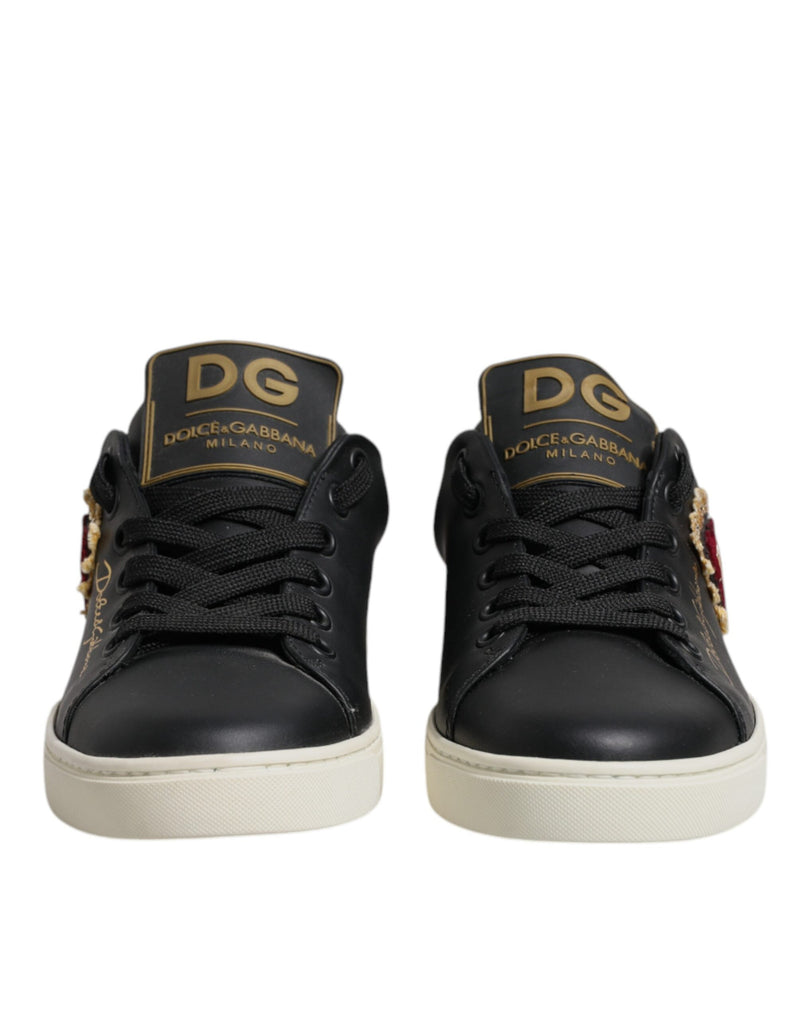 Dolce & Gabbana Sneakers en Cuir Noir avec Cœur Rouge et Or