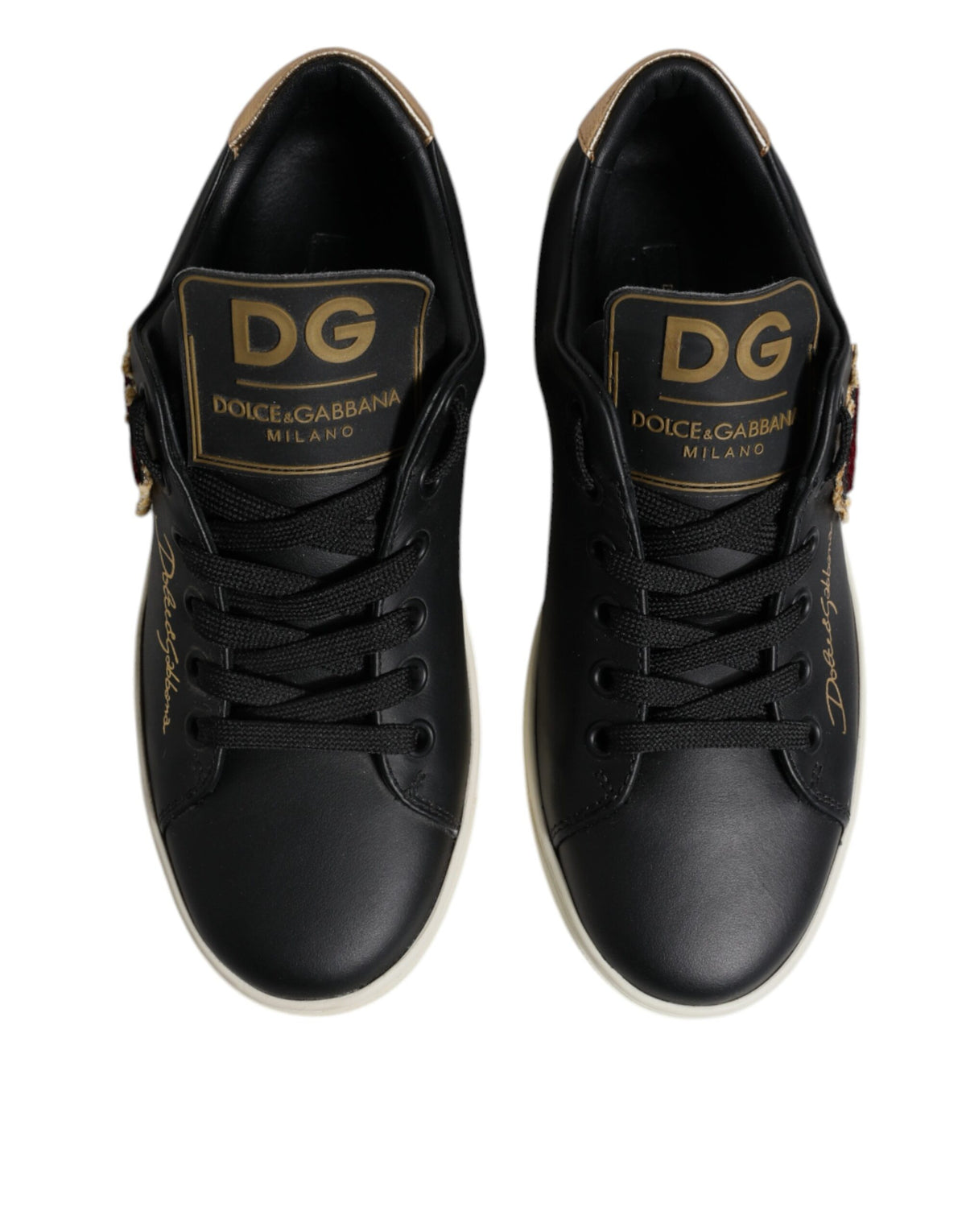 Dolce & Gabbana Sneakers en Cuir Noir avec Cœur Rouge et Or