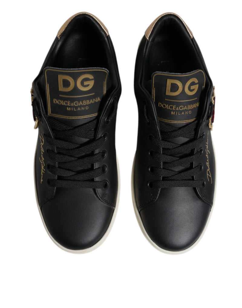 Dolce & Gabbana Sneakers en Cuir Noir avec Cœur Rouge et Or