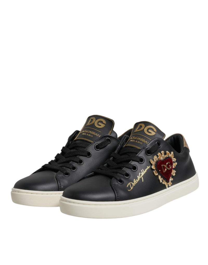 Dolce & Gabbana Sneakers en Cuir Noir avec Cœur Rouge et Or