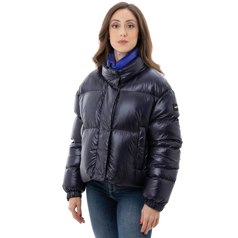 Add Blue Polyamide Short Down Jacket with Contrasting Collar