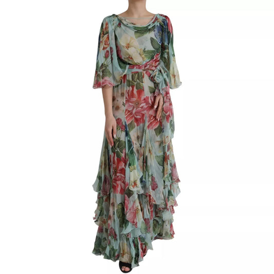 Dolce & Gabbana Blauwe, bloemenprint, lange, gewelfde maxi-jurk