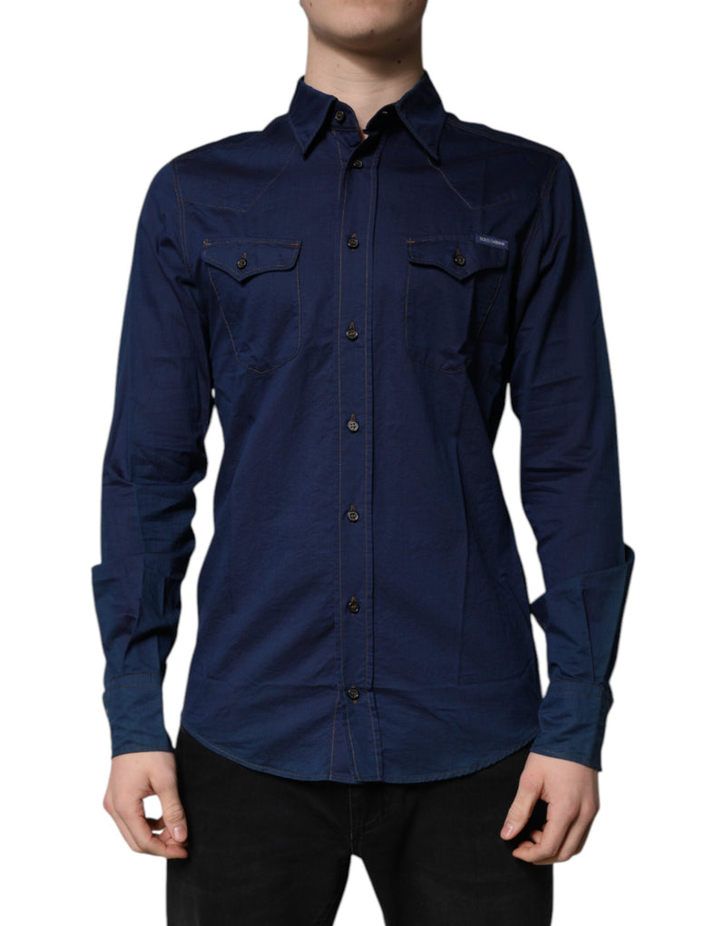 Dolce &amp; Gabbana donkerblauwe katoenen, gouden, formele overhemdjurk
