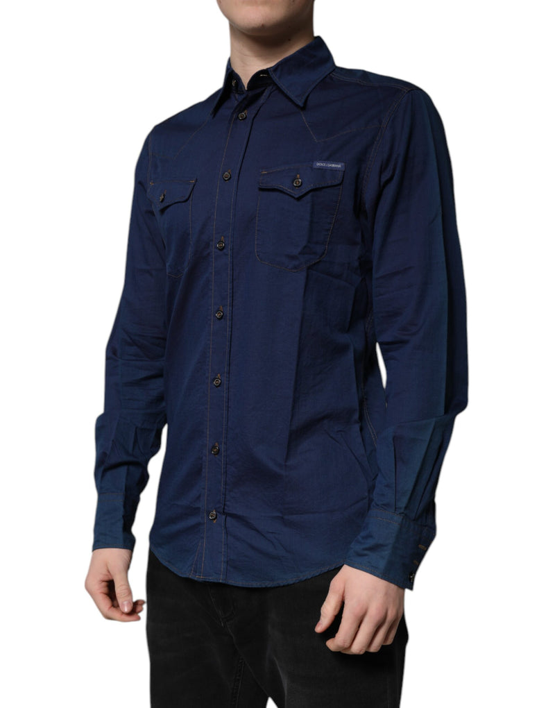 Dolce &amp; Gabbana donkerblauwe katoenen, gouden, formele overhemdjurk