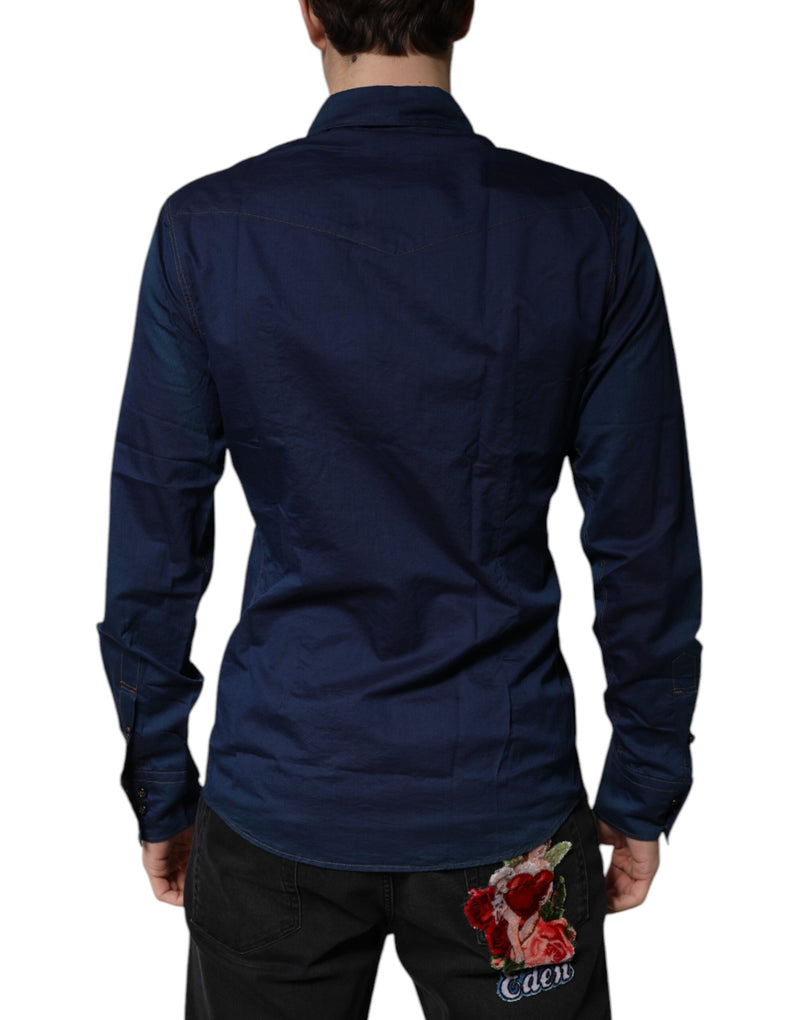 Dolce &amp; Gabbana donkerblauwe katoenen, gouden, formele overhemdjurk