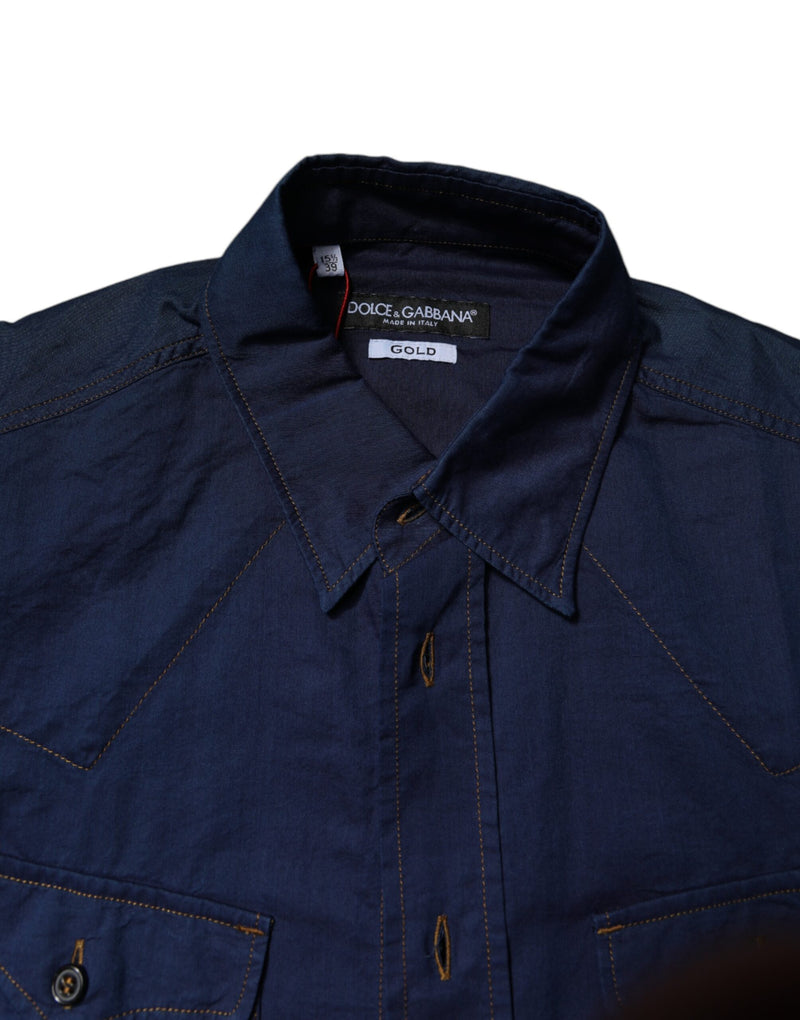 Dolce &amp; Gabbana donkerblauwe katoenen, gouden, formele overhemdjurk