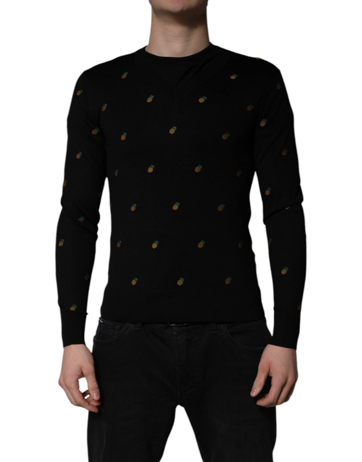 Pull en jersey noir à col rond avec motif ananas de Dolce &amp; Gabbana