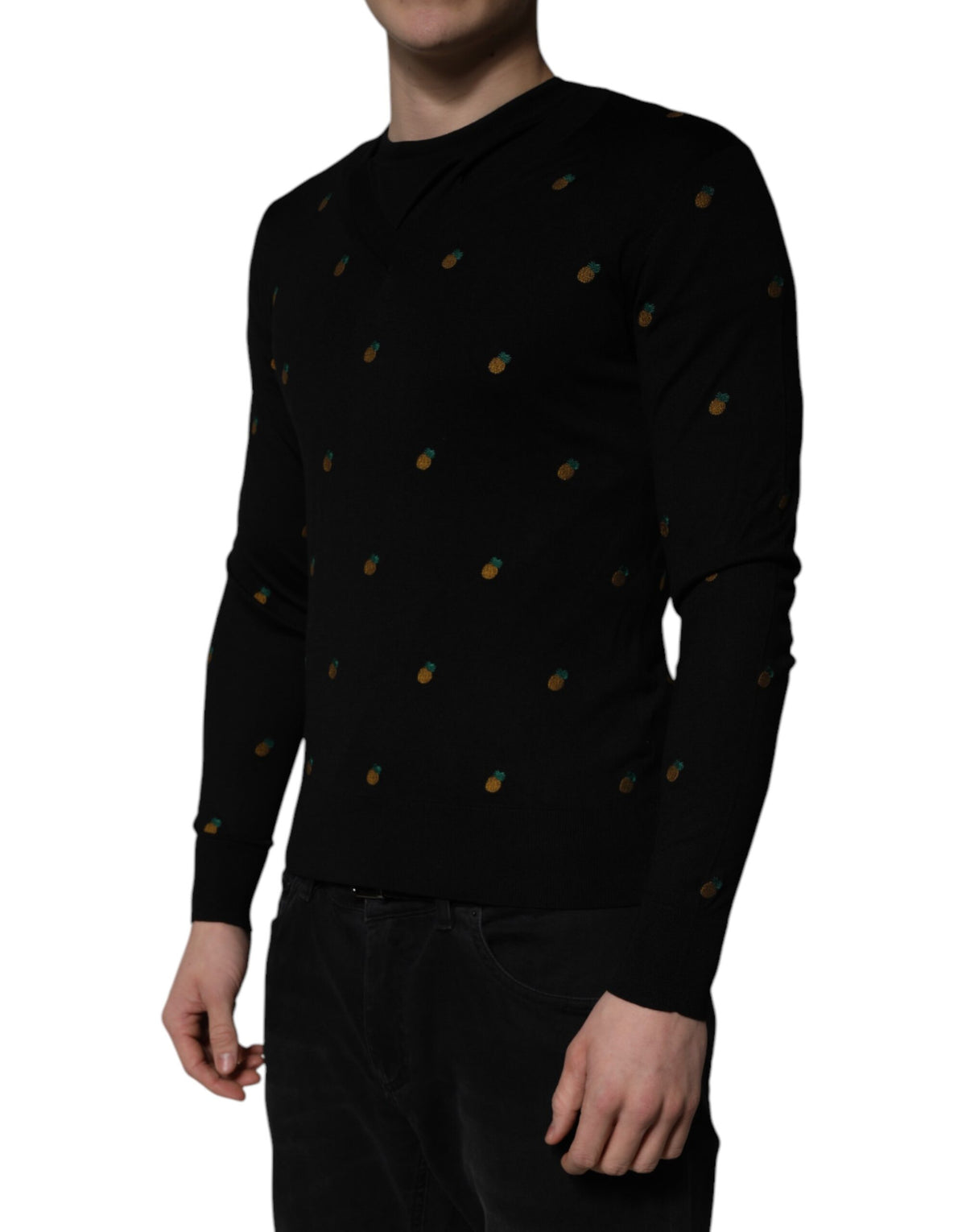 Pull en jersey noir à col rond avec motif ananas de Dolce &amp; Gabbana