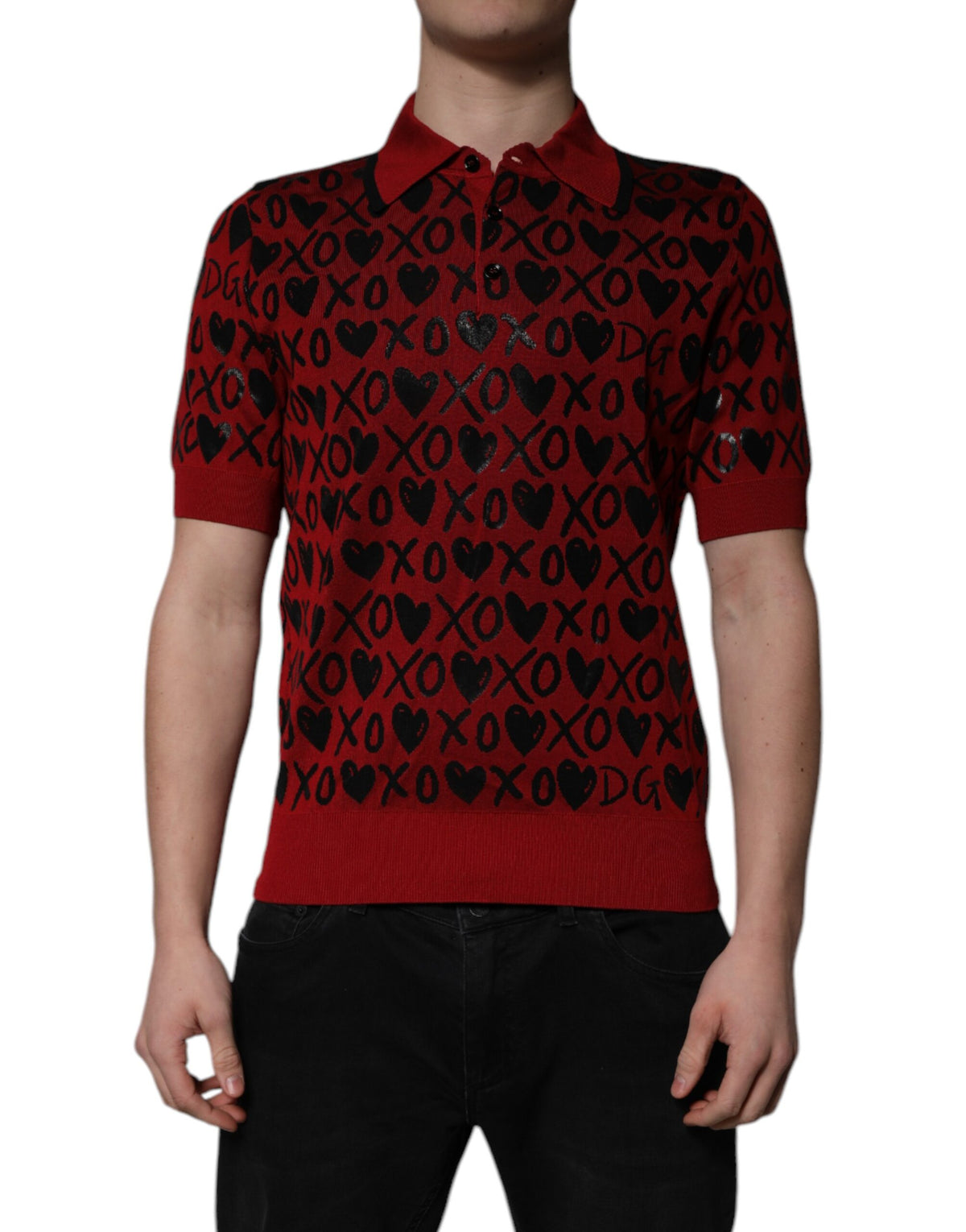 Polo à col boutonné Dolce &amp; Gabbana en coton rouge avec le slogan XOXO