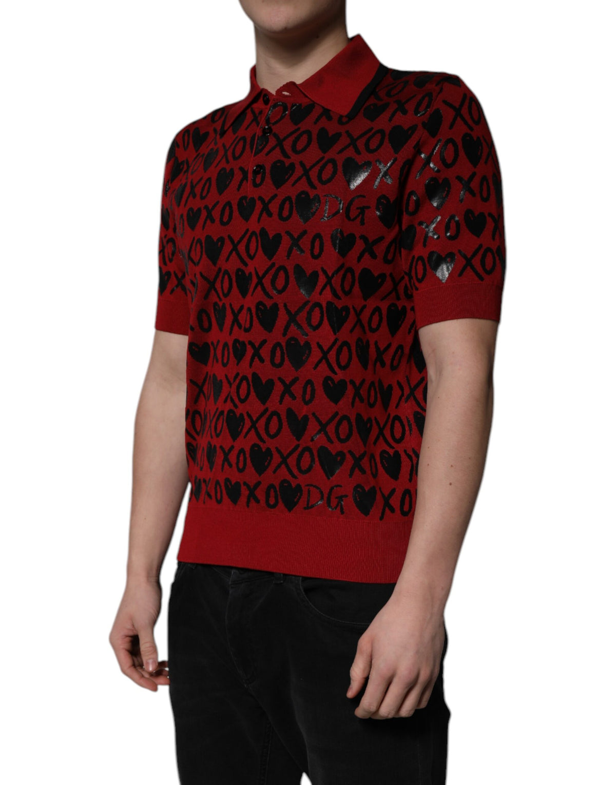 Polo à col boutonné Dolce &amp; Gabbana en coton rouge avec le slogan XOXO