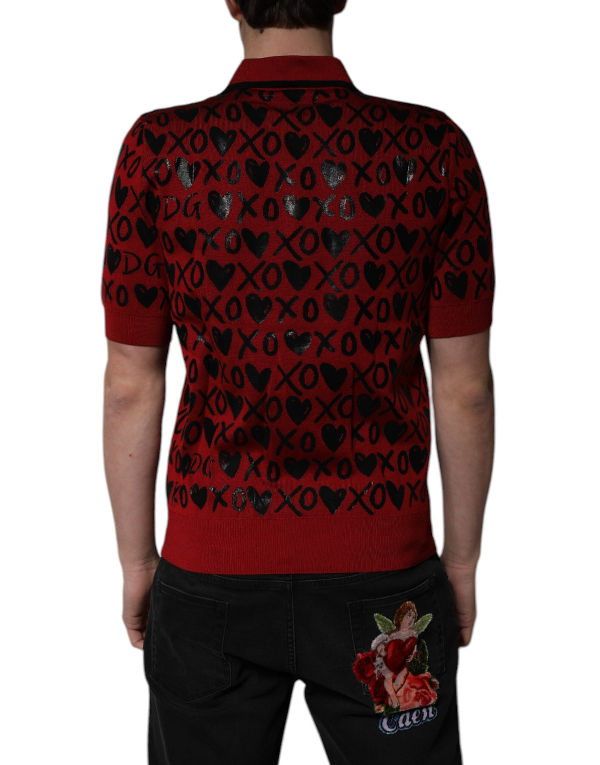 Polo à col boutonné Dolce &amp; Gabbana en coton rouge avec le slogan XOXO