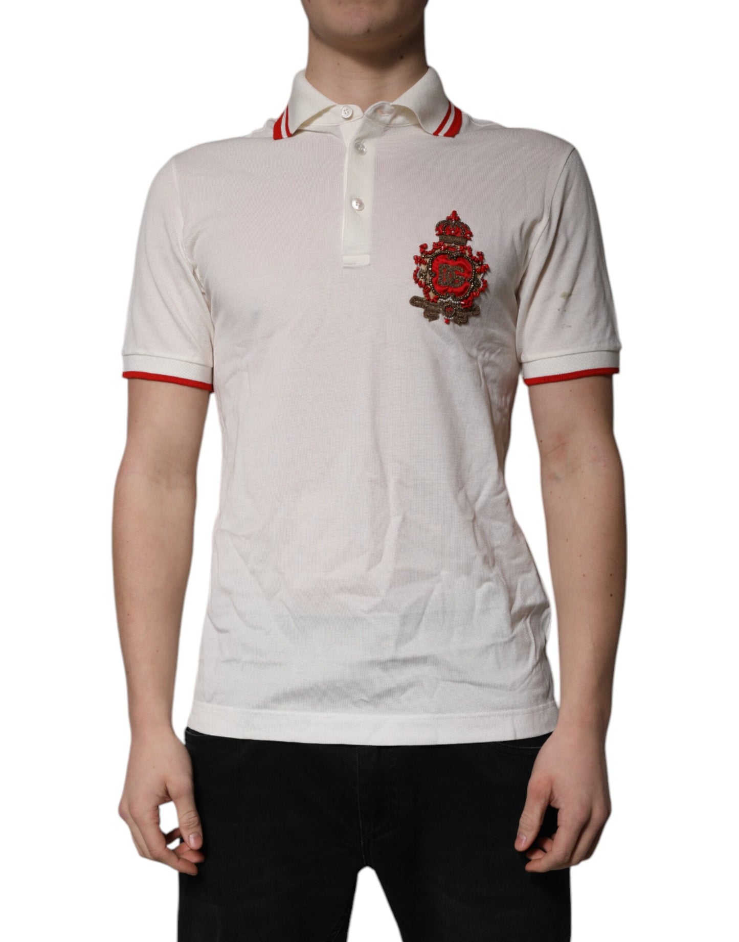 Polo homme en coton blanc à col et logo Dolce &amp; Gabbana
