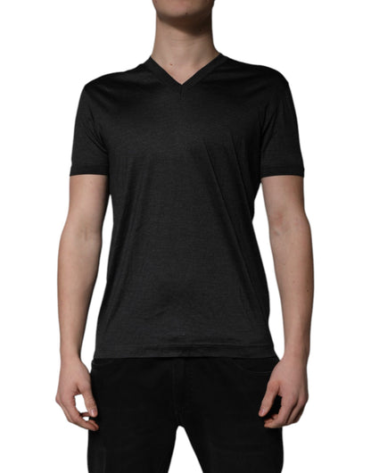 Dolce &amp; Gabbana T-shirt van donkergrijze zijde met V-hals en korte mouwen