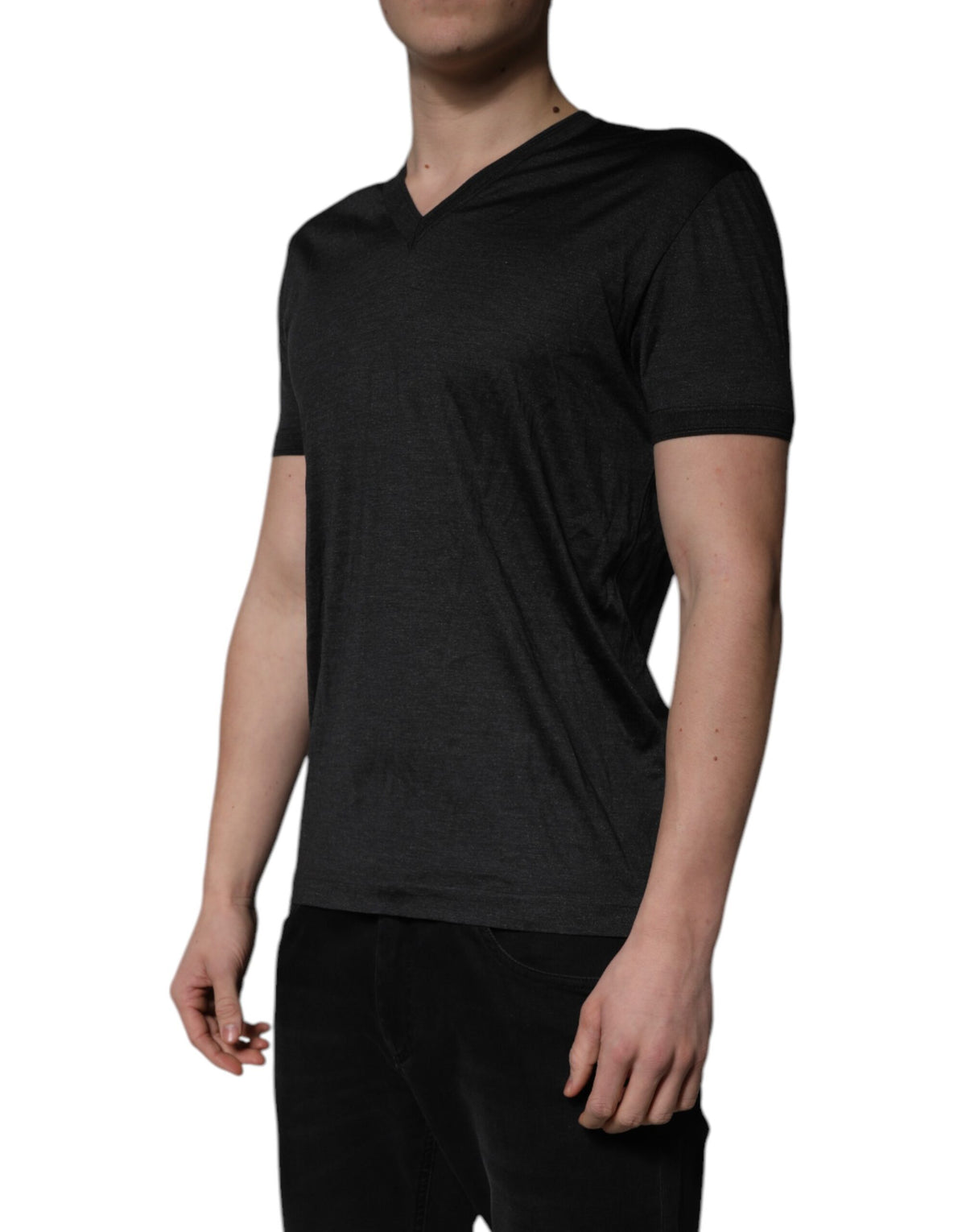 T-shirt en soie à manches courtes, col en V, gris foncé de Dolce &amp; Gabbana