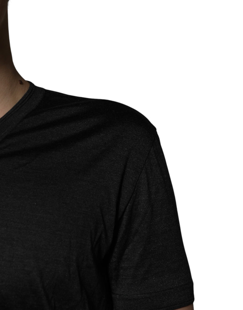 Dolce &amp; Gabbana T-shirt van donkergrijze zijde met V-hals en korte mouwen
