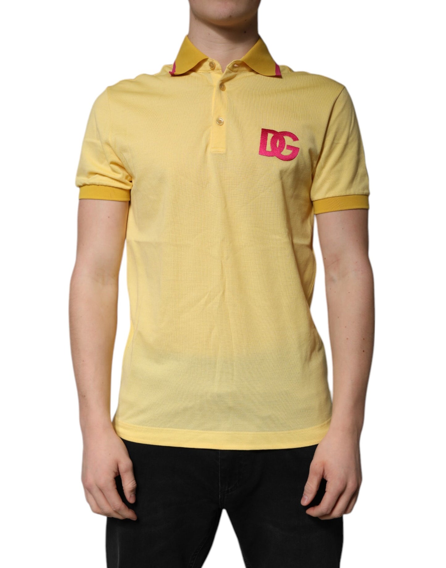 Polo à col boutonné en coton jaune avec logo Dolce &amp; Gabbana