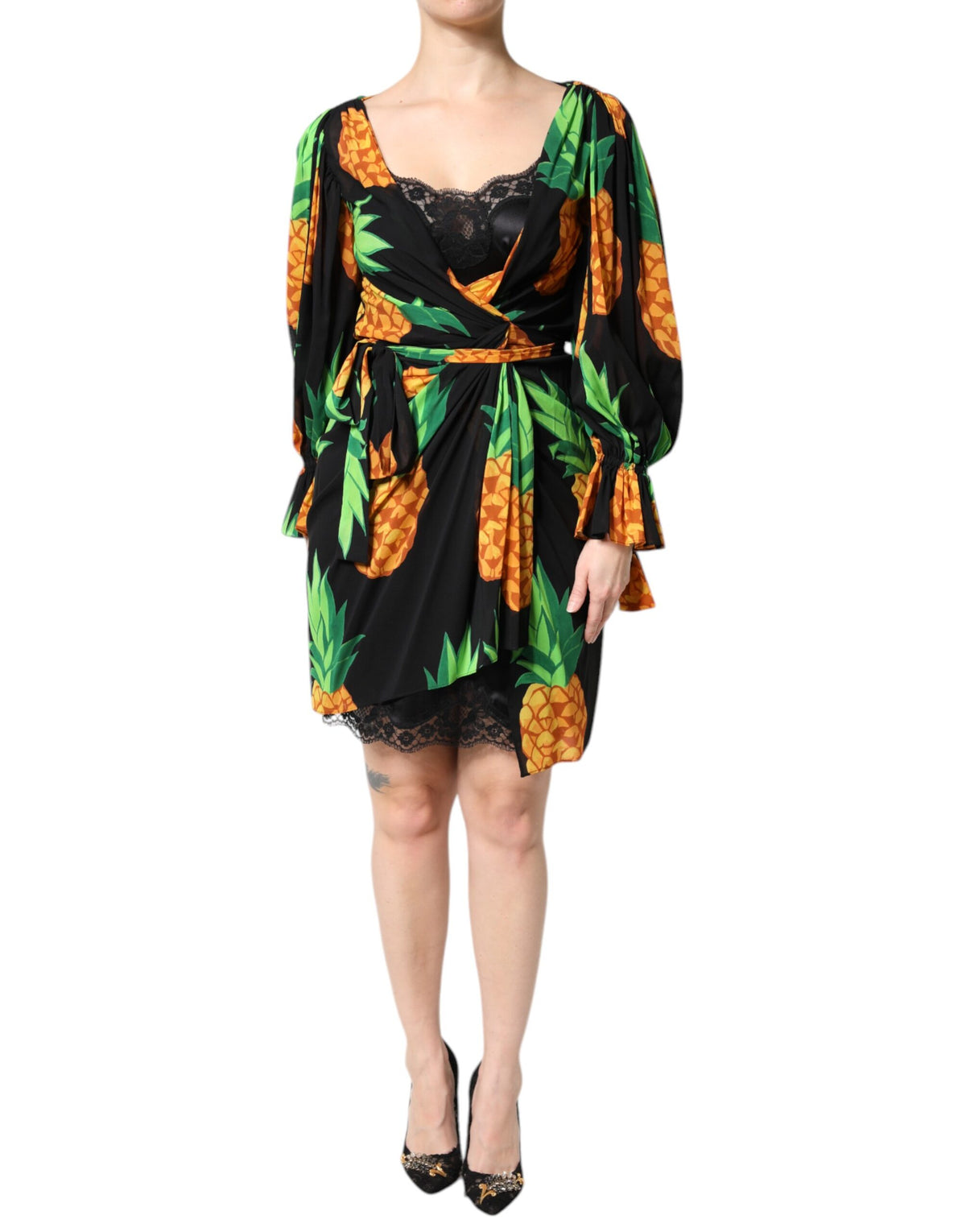 Robe Drapée en Soie Noire avec Imprimé Ananas de Dolce & Gabbana