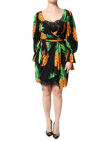 Robe Drapée en Soie Noire avec Imprimé Ananas de Dolce & Gabbana
