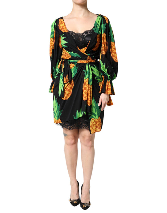 Dolce & Gabbana Robe Drapée Imprimé Ananas en Soie Noire