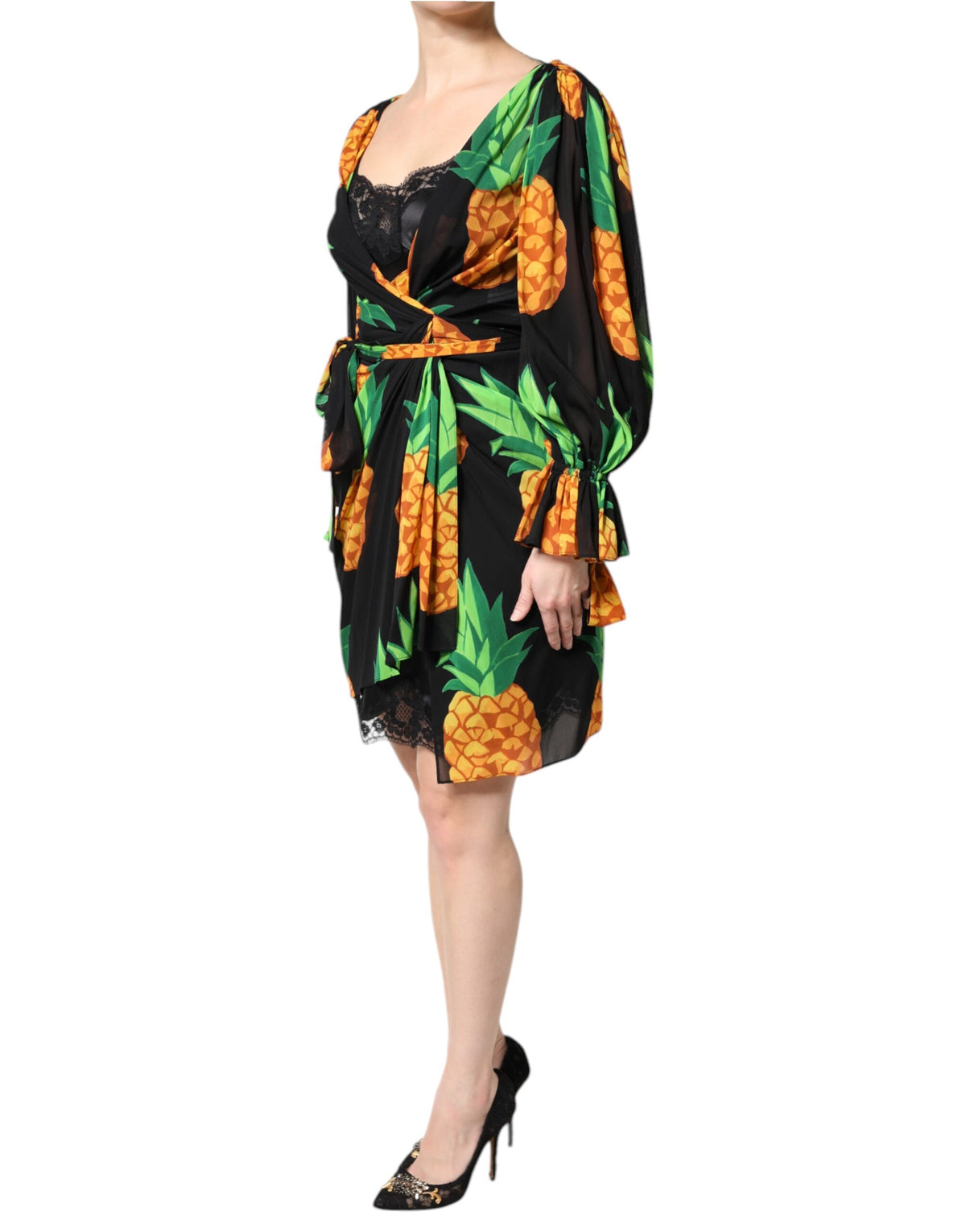 Robe Drapée en Soie Noire avec Imprimé Ananas de Dolce & Gabbana
