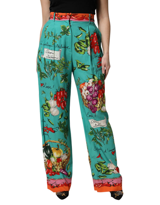 Pantalon droit en soie verte imprimée de Dolce & Gabbana
