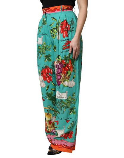 Pantalon droit en soie verte imprimée de Dolce & Gabbana