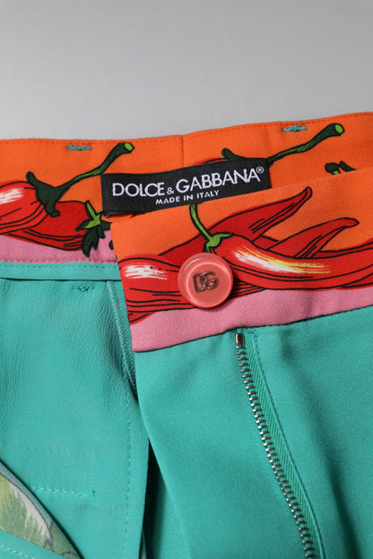 Pantalon droit en soie verte imprimée de Dolce & Gabbana