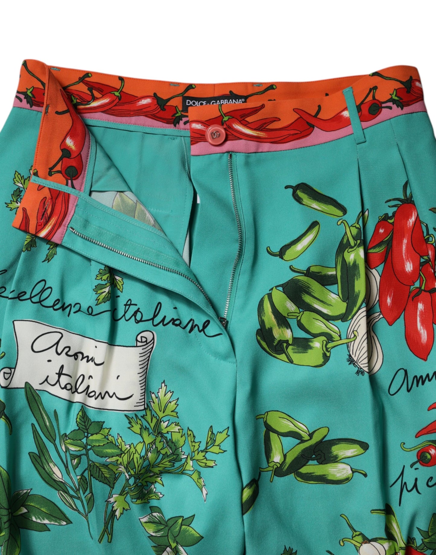 Dolce & Gabbana groene, rechte broek van zijde met print