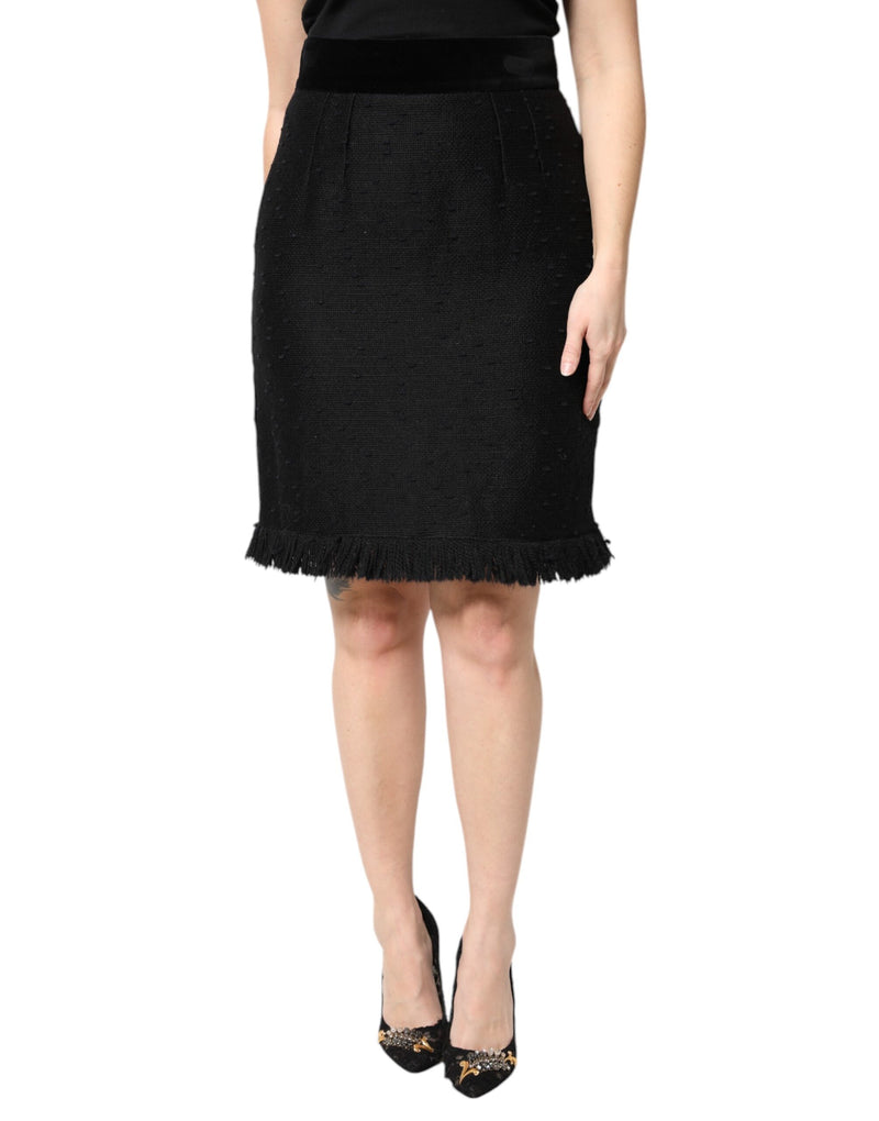 Dolce & Gabbana Jupe Mini Crayon Noire en Laine à Franges