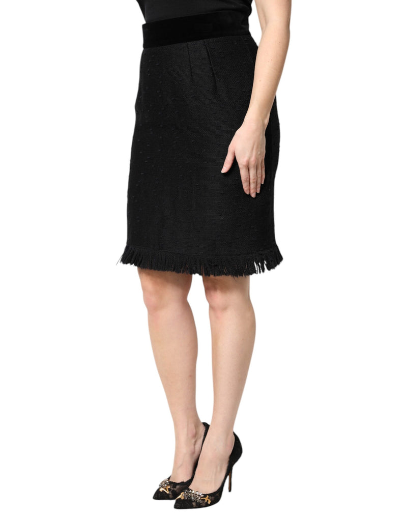 Dolce & Gabbana Jupe Mini Crayon Noire en Laine à Franges