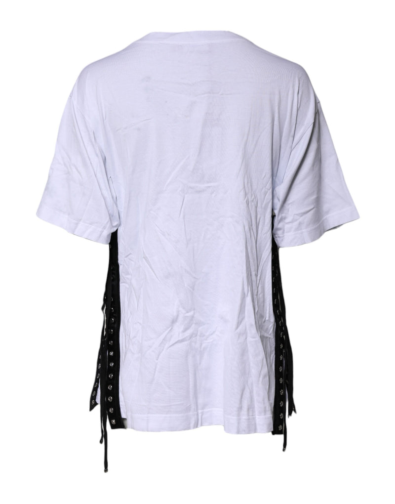 Dolce & Gabbana White Print Lace-Up Cotton Crew Neck T-shirt