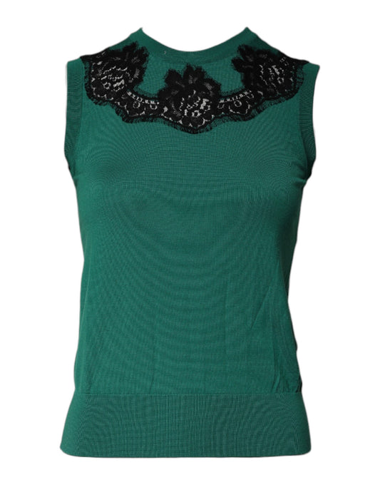 Dolce & Gabbana Groene, mouwloze tanktop van wol met kantdetails