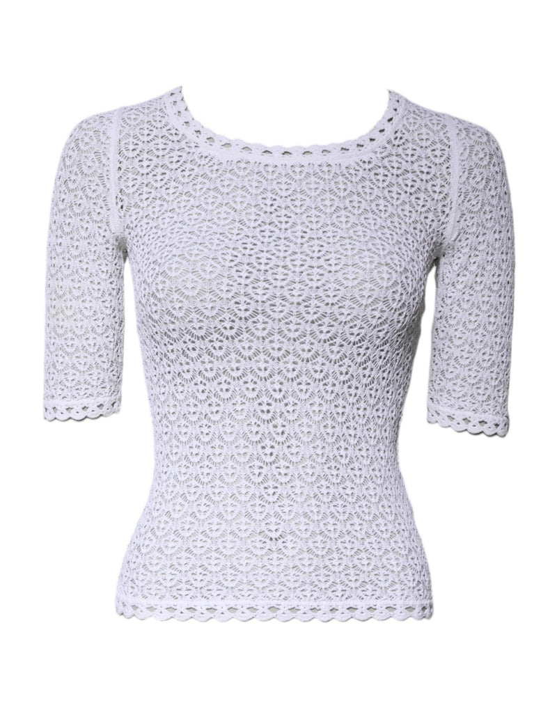 Dolce & Gabbana Top Court Crochet Blanc en Viscose à Manches Courtes