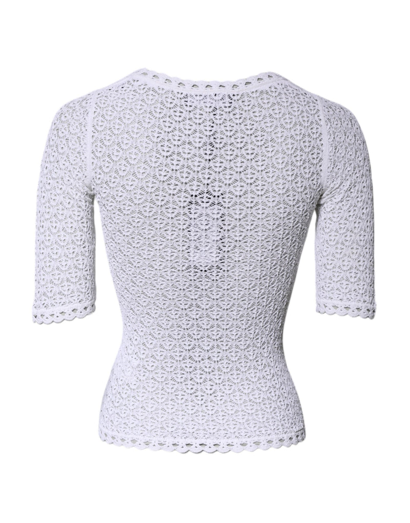 Dolce & Gabbana Top Court Crochet Blanc en Viscose à Manches Courtes