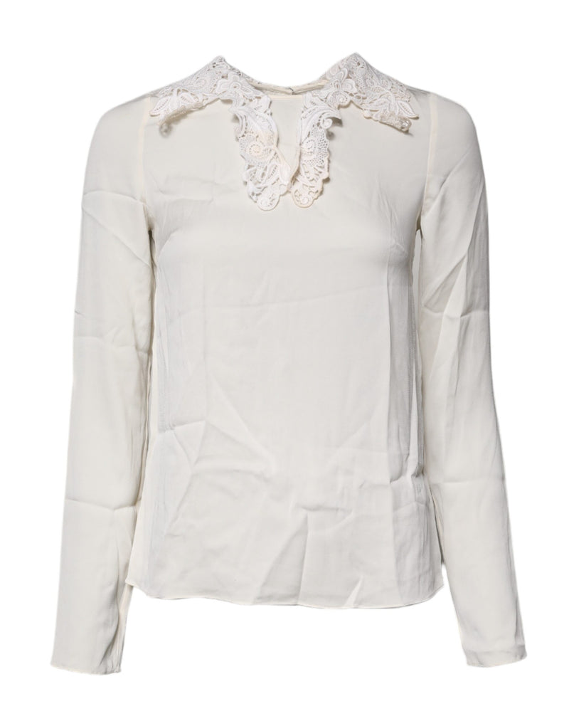Dolce & Gabbana Blouse Top en Dentelle Florale Crème à Manches Longues