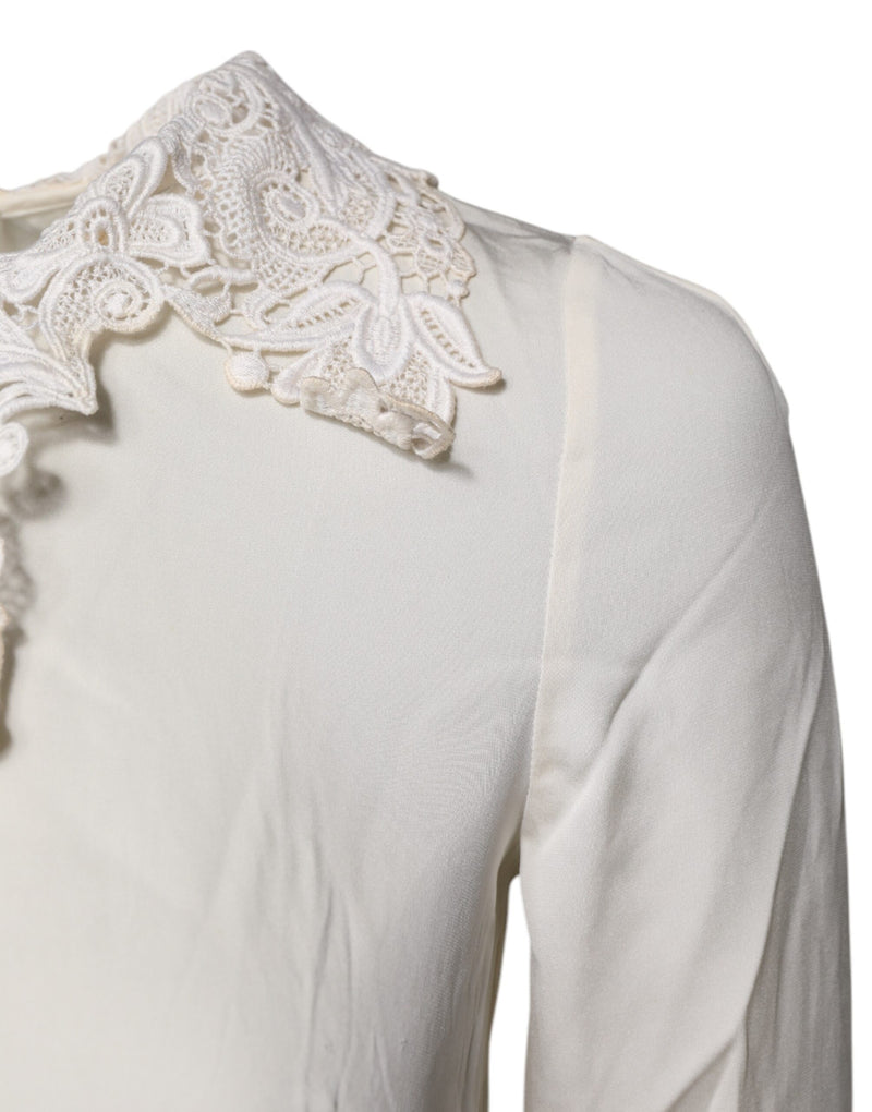 Dolce & Gabbana Blouse Top en Dentelle Florale Crème à Manches Longues